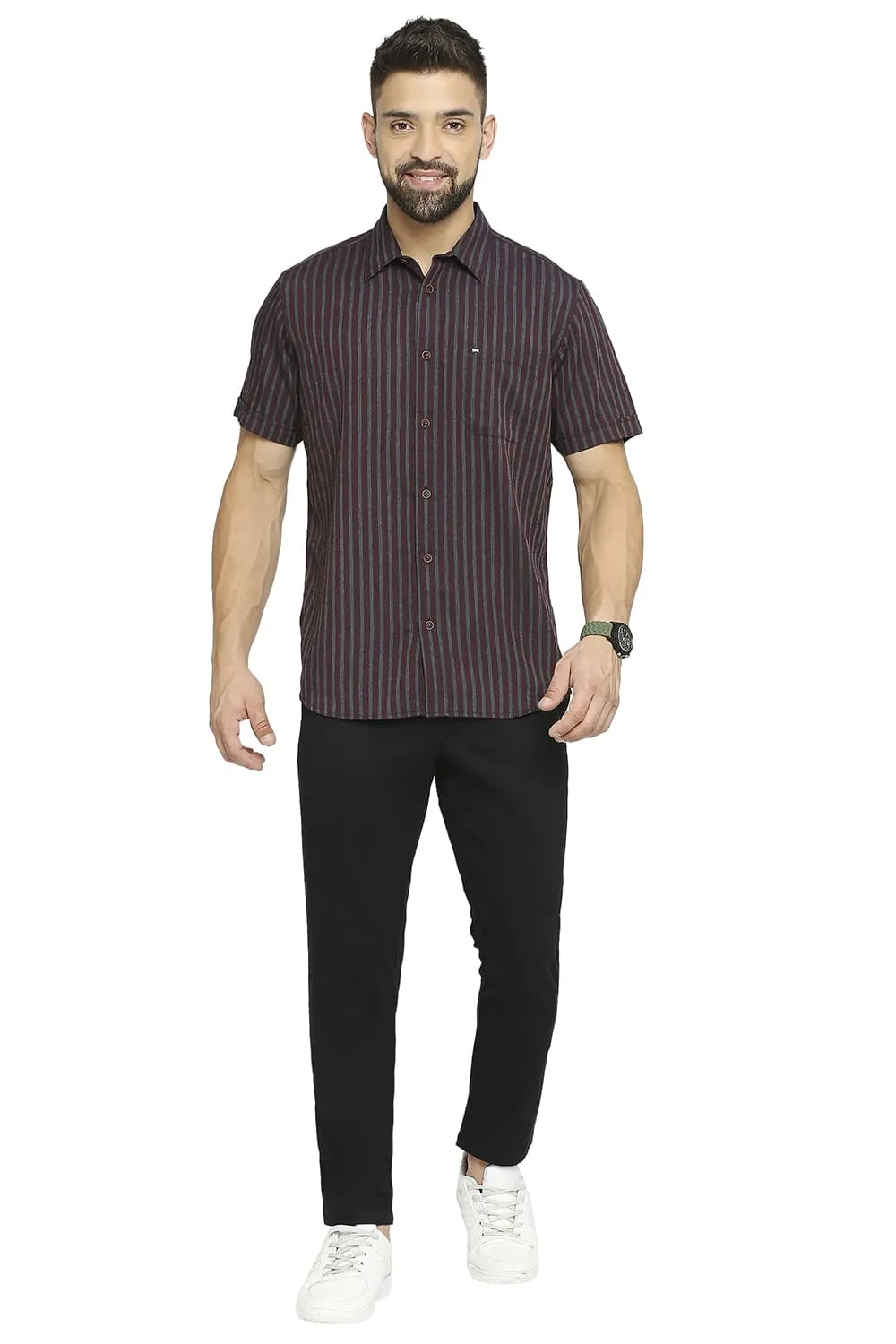 Slim Fit Polyester Viscose Stripe Halfsleeves Shirt