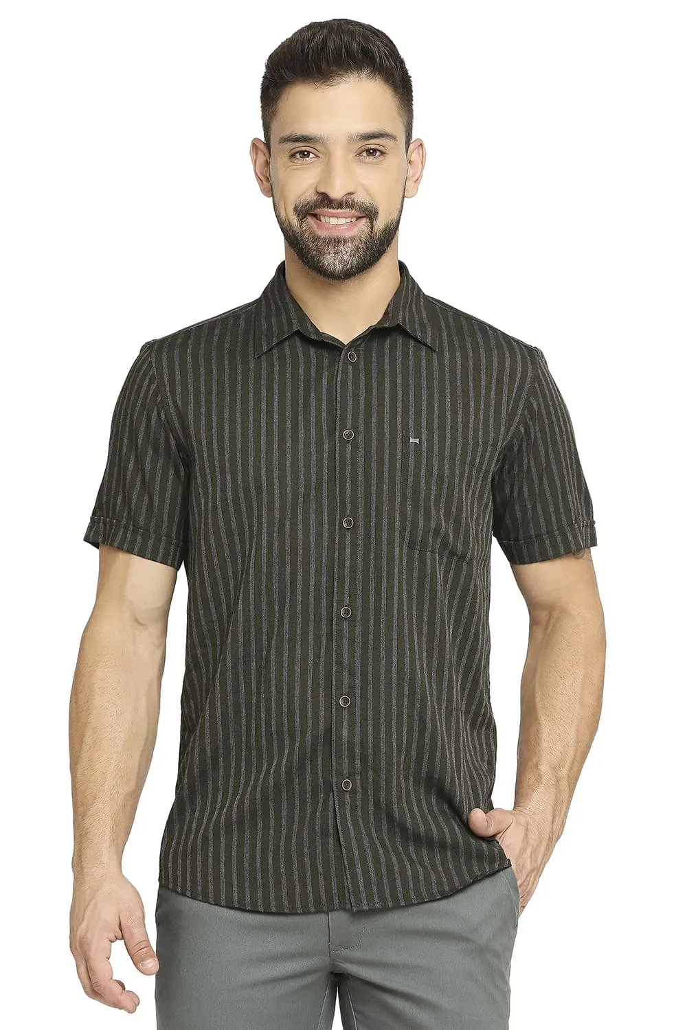 Slim Fit Polyester Viscose Stripe Halfsleeves Shirt