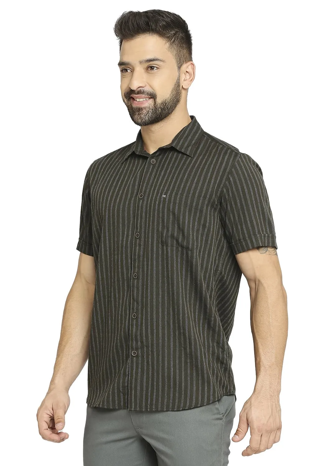 Slim Fit Polyester Viscose Stripe Halfsleeves Shirt