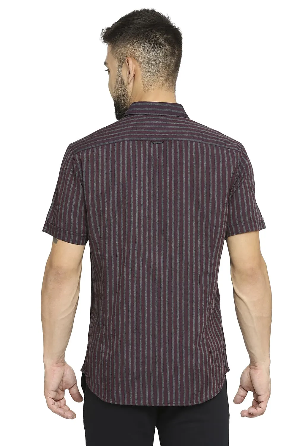 Slim Fit Polyester Viscose Stripe Halfsleeves Shirt