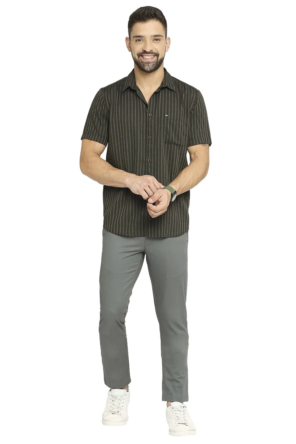 Slim Fit Polyester Viscose Stripe Halfsleeves Shirt