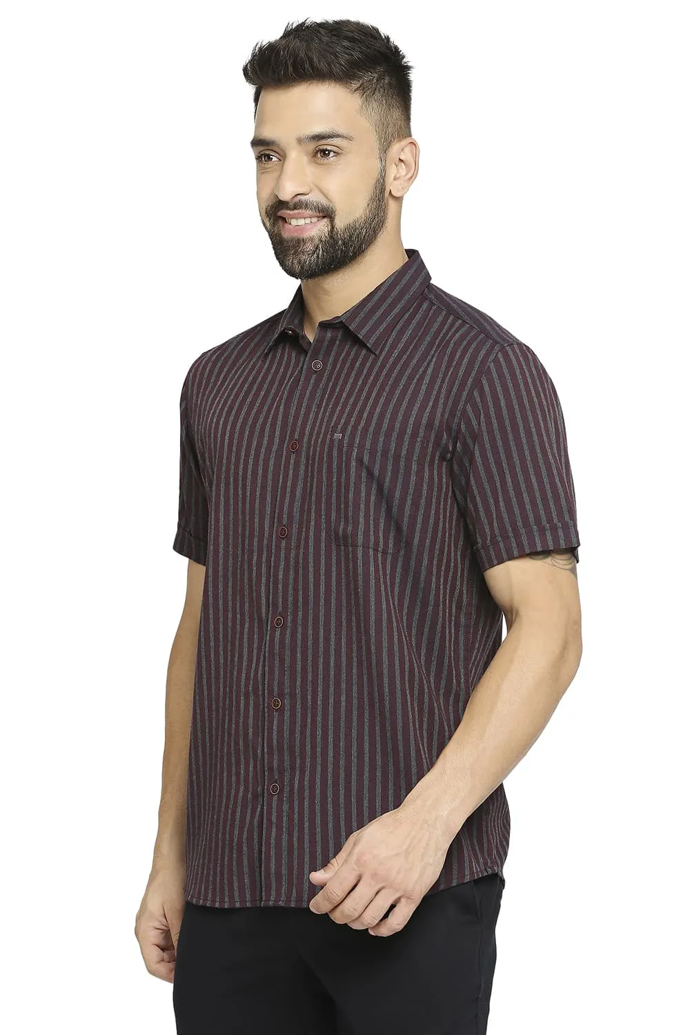 Slim Fit Polyester Viscose Stripe Halfsleeves Shirt