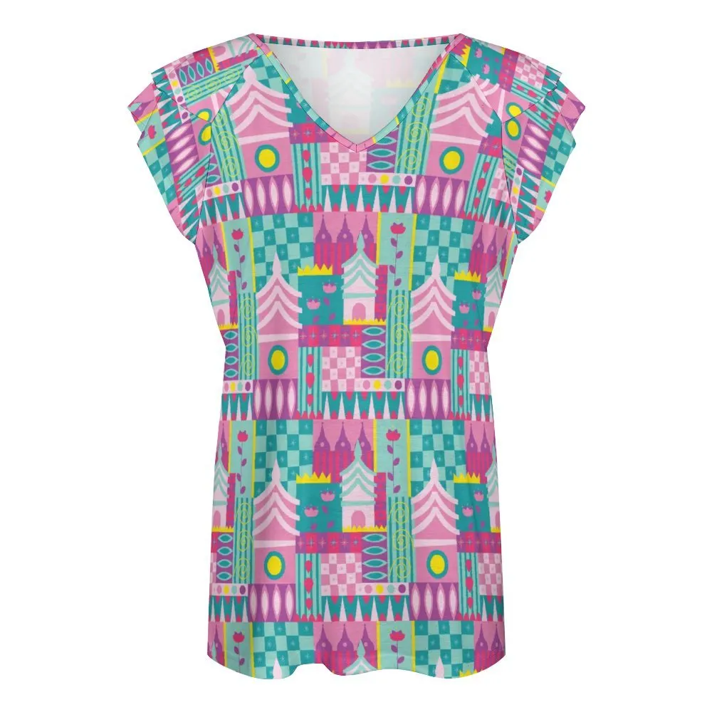 Small World Women's Ruffle Sleeve V-Neck T-Shirt