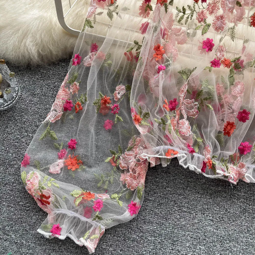 TEEK - Mesh Embroidery Floral Of Shoulder Blouse