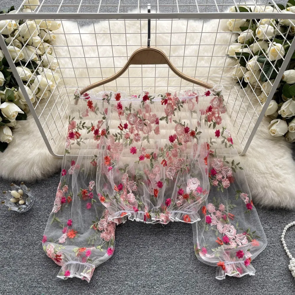 TEEK - Mesh Embroidery Floral Of Shoulder Blouse