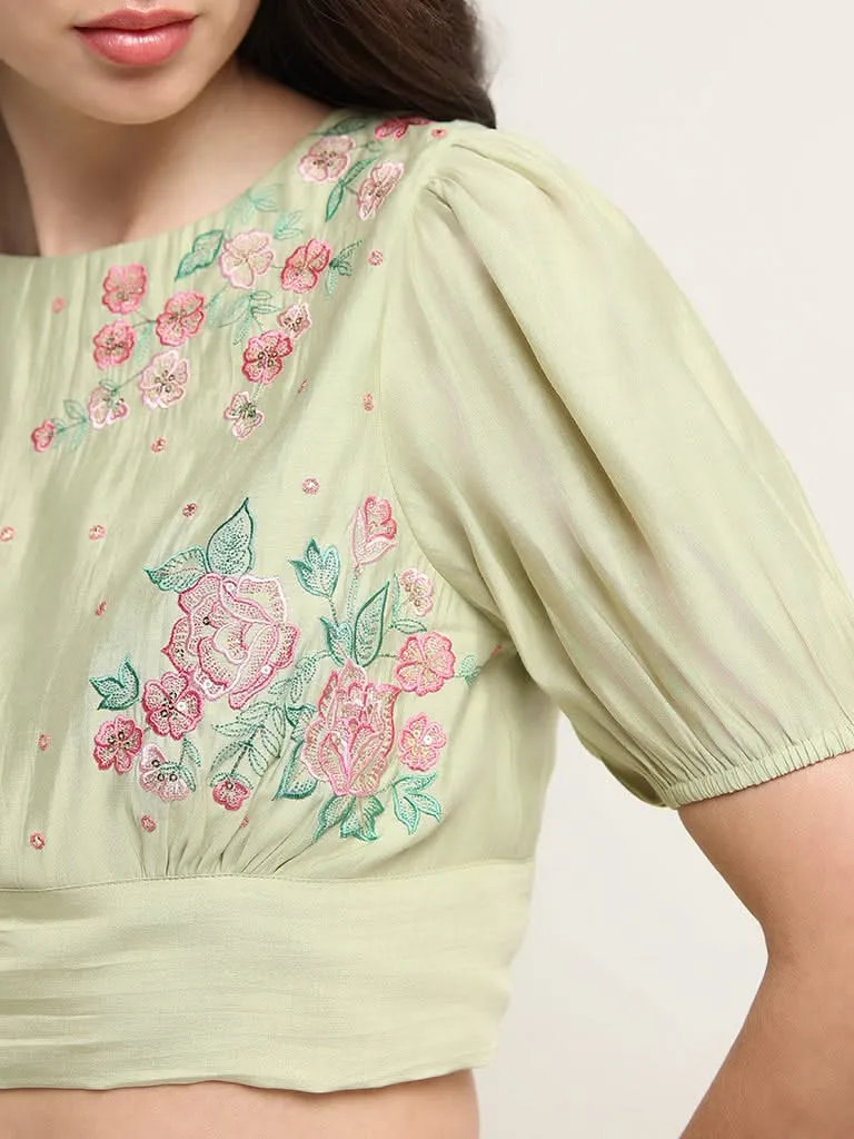 Vark Green Floral Embroidered Crop Top & Palazzos Set