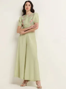 Vark Green Floral Embroidered Crop Top & Palazzos Set