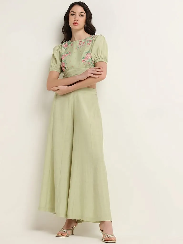 Vark Green Floral Embroidered Crop Top & Palazzos Set