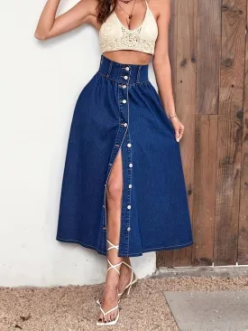 Vintage Chic High-Waisted Flared Denim Skirt - Women Denim Skirts with Cotton Blend, Slight Stretch, Button Details, A-Line Silhouette, and Elegant Solid Colors for Spring, Summer, and Fall Seasons