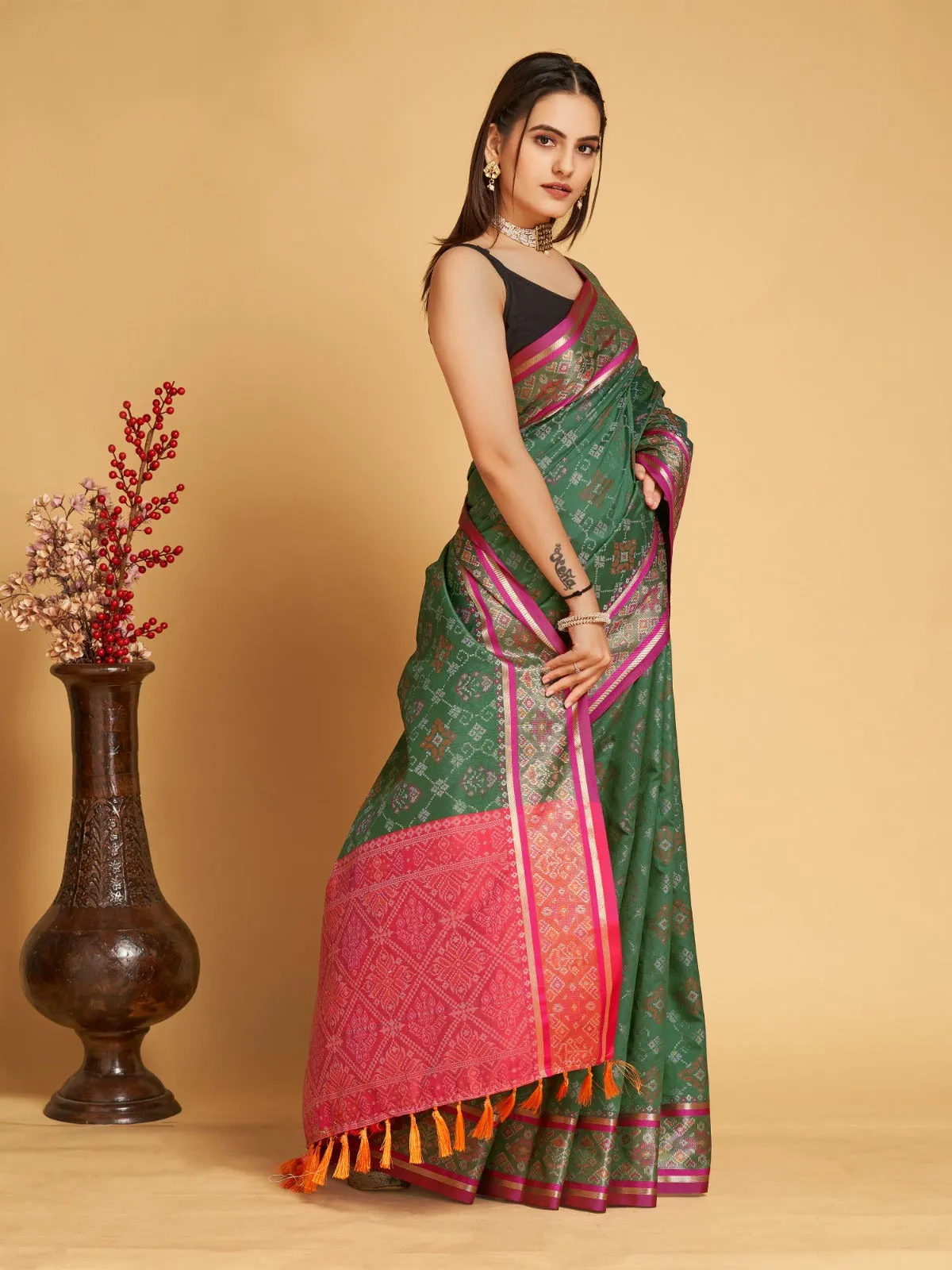 Women Party Wear Designer Dark Green Colour Patola Silk Saree Collection