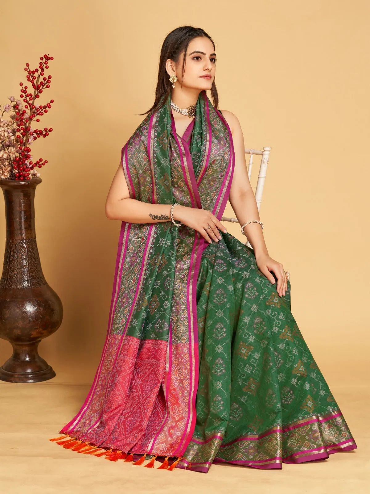 Women Party Wear Designer Dark Green Colour Patola Silk Saree Collection