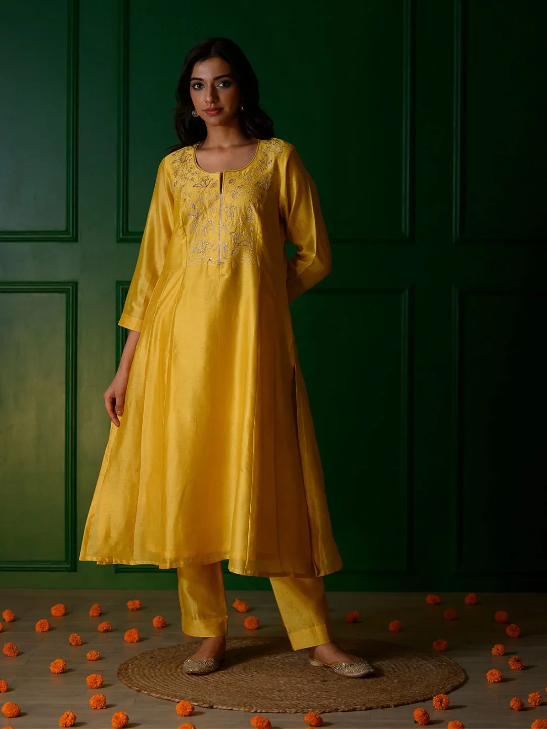 Yellow embroidery Kurta   Yellow chanderi Pants