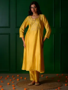 Yellow embroidery Kurta   Yellow chanderi Pants
