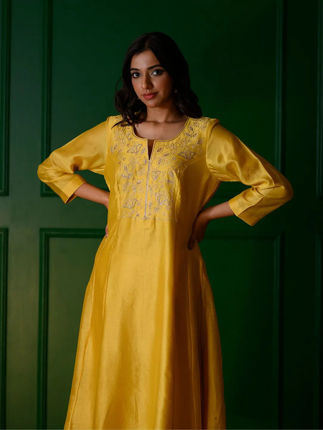 Yellow embroidery Kurta   Yellow chanderi Pants